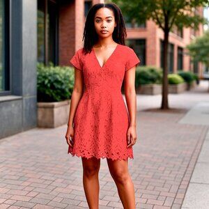 Banana Republic Embroidered V-Neck Dress in Reddish Orange Color  in  Size 6